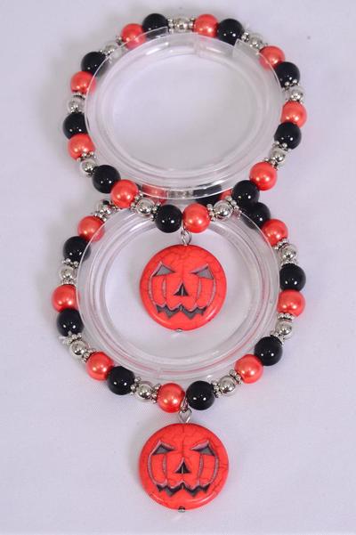 Bracelet Halloween 8 mm Glass Pearl Semi precious Stone Jack Olantern Pumpkin Charm Stretch / 12 pcs = Dozen Pumpkin , Stretch , Hang Tag & Opp Bag & UPC Code