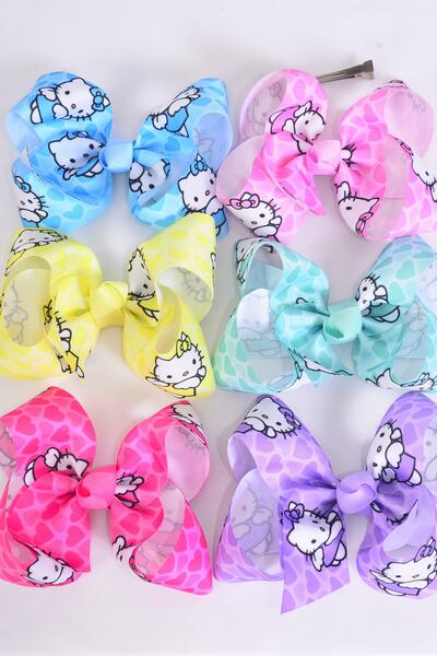 Hair Bow Jumbo Cute Kitty Heart Grosgrain Bow-tie Pastel / 12 pcs Bow = Dozen Alligator Clip , Size - 6" x 5" Wide , 2 Baby Pink , 2 Lavender , 2 Hot Pink , 2 Mint Green , 2 Blue , 2 Yellow Color Asst , Clip Strip and UPC Code