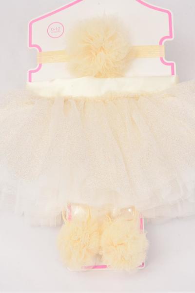 Tutu Pom Pom Theme 3 pcs Sets Beige / Sets Beige cream , Size - 0 -12 month , Headband Bow - 3'' Stretch , Shoe , Display Card & UPC Code